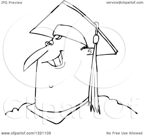 Lineart Clipart Of A Cartoon Black And White Happy Chubby Male Graduate