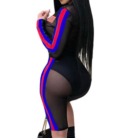 side striped sexy 2 two piece set women see through mesh zipper crop tops bodycon pants suits