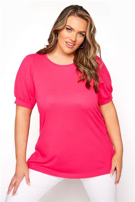 Hot Pink Puff Sleeve T Shirt Yours Clothing