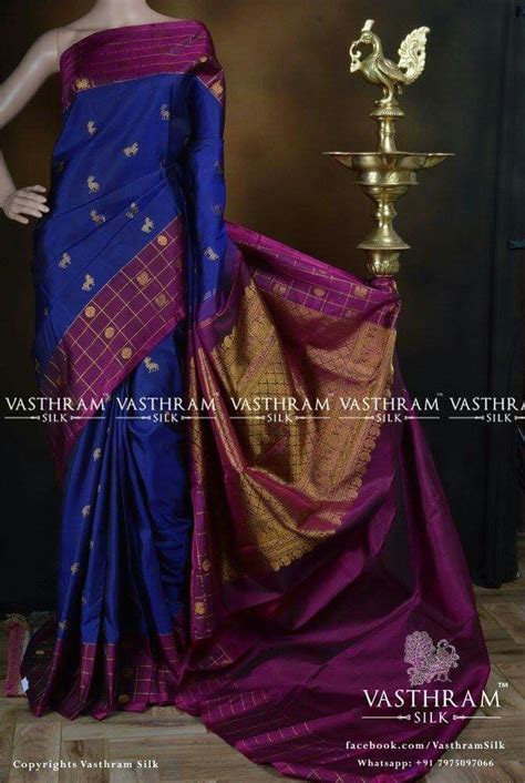 Dark Blue Kanchipuram Silk Cost 15600 Inr Whatsapp 91 7019277192 Saree Trends Indian Sarees