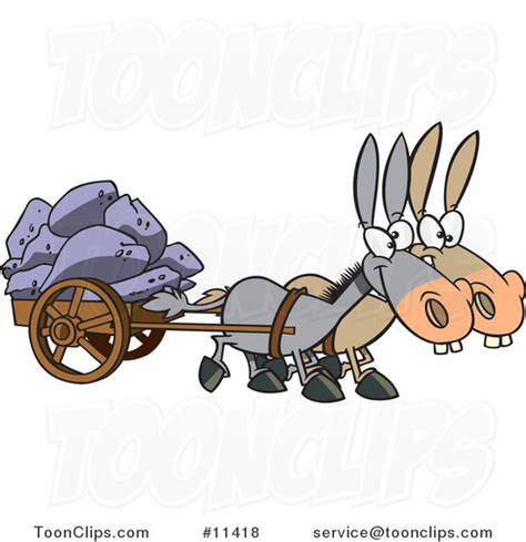 Cartoon Of Two Mules Pulling A Wagon Full Of Rocks 11418 By Ron Leishman