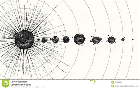 Solar System In Dotwork Style Planets In Orbit Vintage Hand Drawn