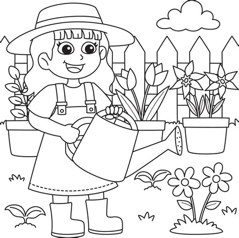 Spring Girl Watering The Flowers Coloring Page 19979681 Vector Art At Vecteezy