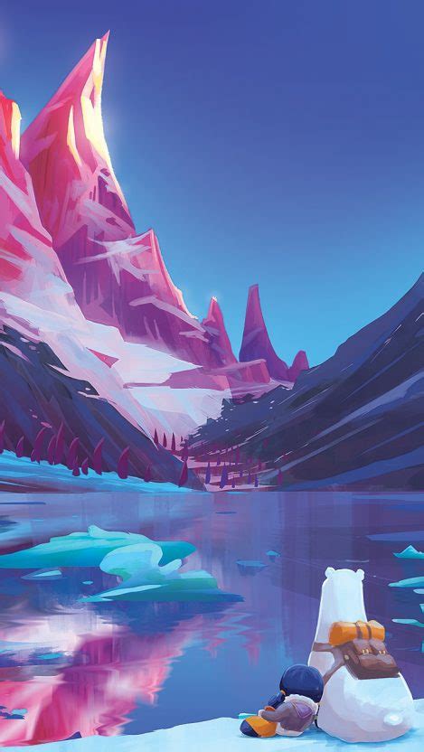 Cartoon Art Polar Bear Snow Mountain Lake Iphone Wallpaper Iphone