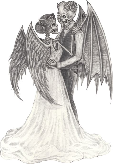 Couple Love Fantasy Devil And Angel Skulls Hand Drawing And Make