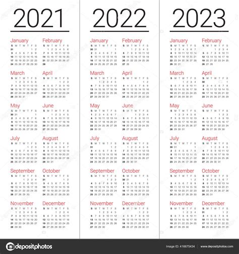 Year 2021 2022 2023 Calendar Vector Design Template Simple Clean Stock