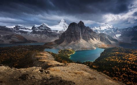 Nature Canada Mountains Lake Forest Landscape Fall Clouds Snowy