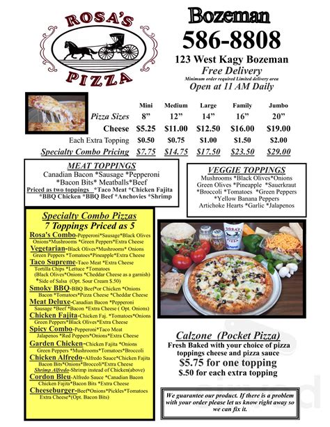 Rosas Pizza Menu In Bozeman Montana Usa