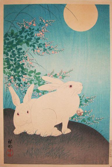 Two Rabbits And The Full Moon By Shoson Ca1930 Japanese Woodblock