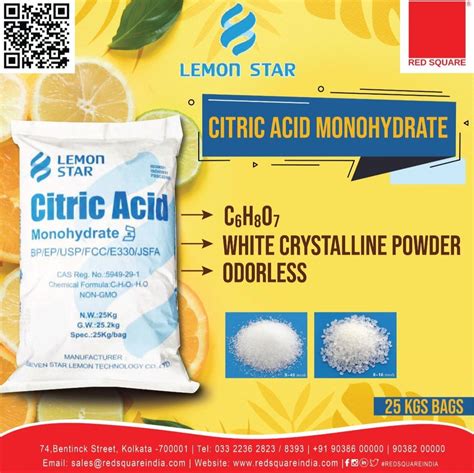 Citric Acid Monohydrate Lemon Star For Medicinal Use Packaging Type