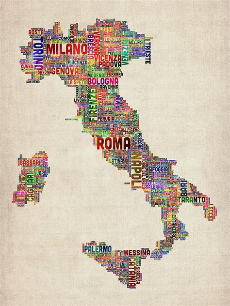Text Map Of Italy Map Digital Art By Michael Tompsett