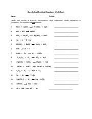 H2 + 2 naoh æ 2 na + 2 h2o. Classifying Chemical Reactions Worksheet KEY - Classifying ...