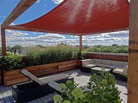 One of the classic pergola designs for a deck. Roof Deck Pergola Shade Sail Urban Landscape Garden Design ...