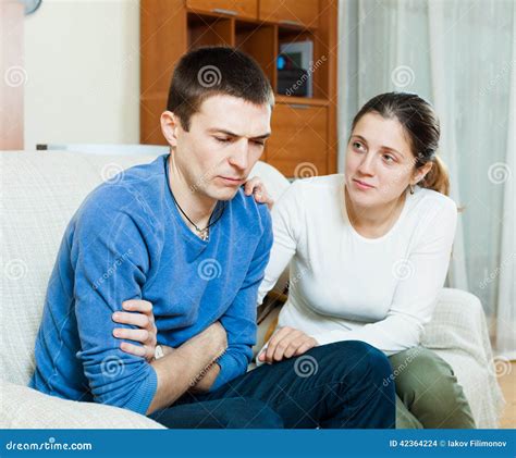 Sad Man Has Problem Woman Consoling Him Stock Photo Image Of Reprove