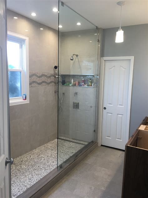 Large Open Walk In Shower With Curb Transitional Bathroom Raleigh