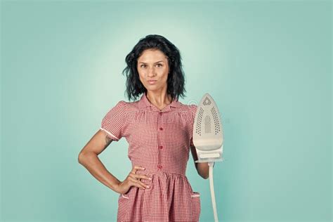 Retro Woman With Iron Cheerful Housekeeper Ironing Concept Of Householding Steaming Iron