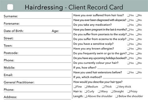 Printable Hair Salon Client Record Card Template Printable Templates