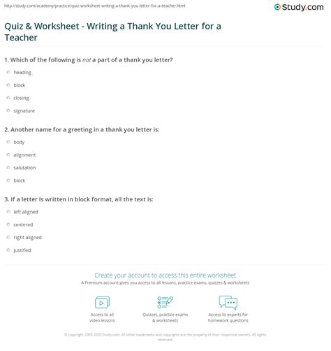 Quiz And Worksheet Writing A Thank You Letter For A Teacher