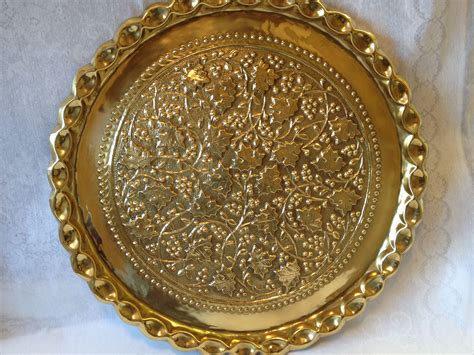 Vintage Hand Crafted Large Brass Tray With Grapevine Motif Middle East
