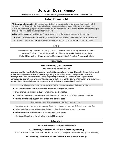 Retail Pharmacist Resume Sample