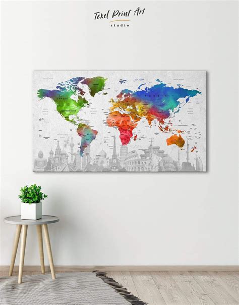 Art And Collectibles Colorful Word Map Canvas Push Pin World Map Art