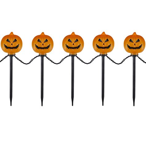 Set Of 5 Lighted Scary Jack O Lantern Pumpkin Halloween Pathway Marker
