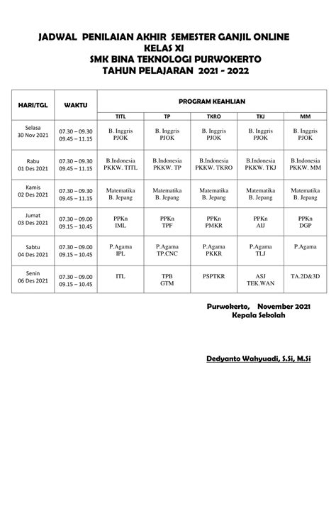 Jadwal Penilaian Akhir Semester Ganjil Online Kelas XI - Tahun Ajaran