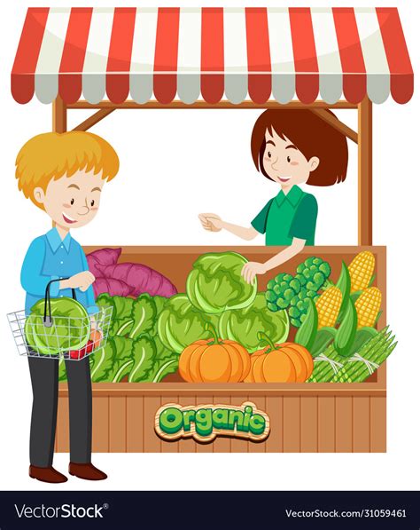 Shopkeeper And Customer At Vegetables Vendor Vector Image