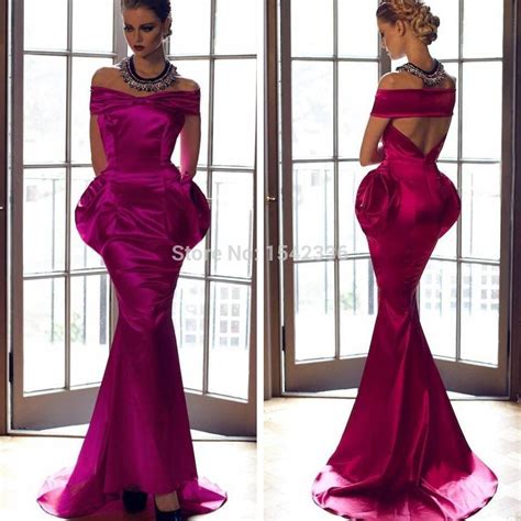 Sexy Off Shoulder Mermaid Party Gowns Prom Dress Fuchsia Pleated Floor