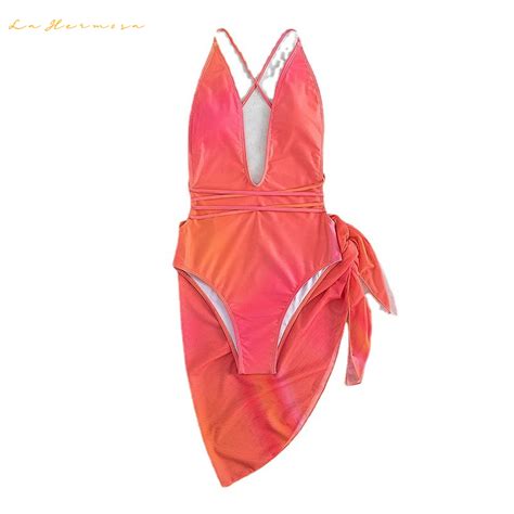 Women Multicolor V Neck Swimsuit Skirt Mesh One Piece Bikini Gradient Pink Swimwear Wholesale