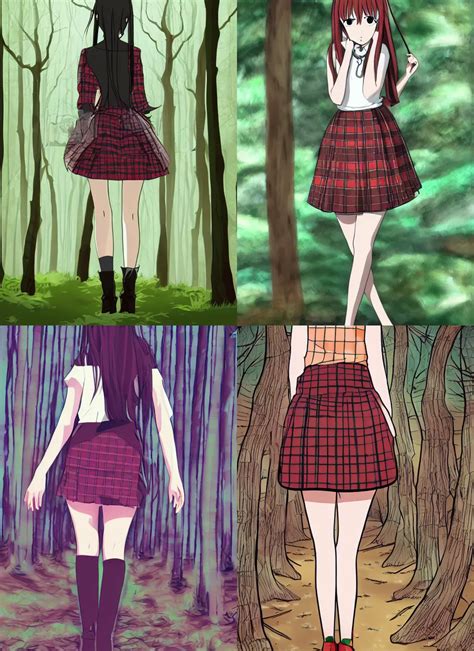 Woman In Plaid Miniskirt Standing In A Dark Forest Stable Diffusion