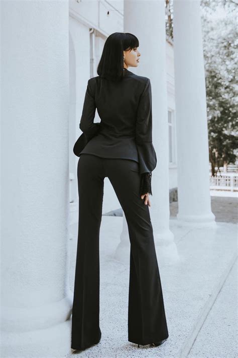 Black Women S Formal Evening Pantsuit With Deep V Blazer Fitted