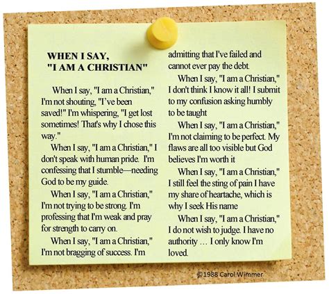 When I Say I Am A Christian Poem On Sticky Note Pinned To Cork Board