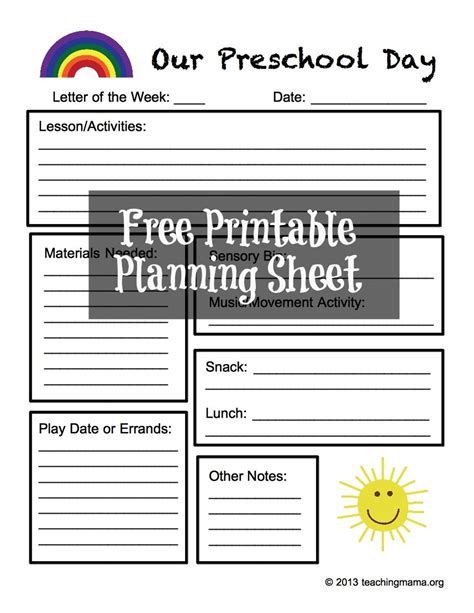 Preschool Planning Sheet Free Printable Preschool Planning