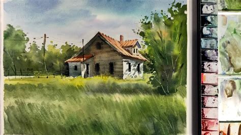 Watercolor Landscape Painting Little House In The Meadow Youtube