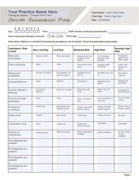 Suicide Risk Assessment Form Template Pdf