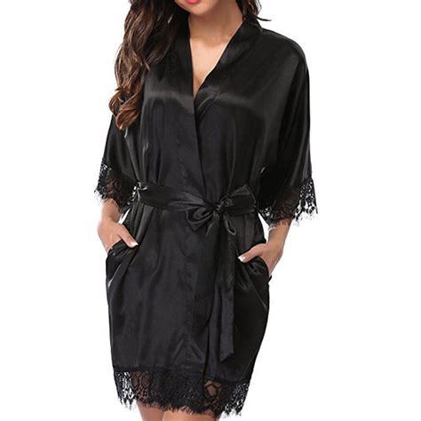 Fashion Women Satin Robes Gown Summer Long Sleeve V Neck Lace Robes Hot