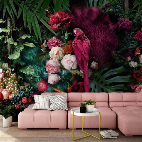 Pink Parrot With Colorful Floral Wallpaper Mural In 2020 Floral