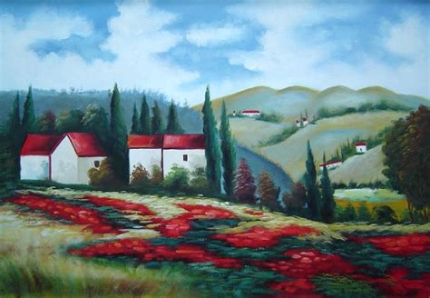 Tuscany Landscape Scene Oil Painting Field Italy Naturalism 24 X 36 Inches