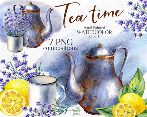 Watercolor Tea Party Hand Painted Clip Art Vintage Teapot Etsy In