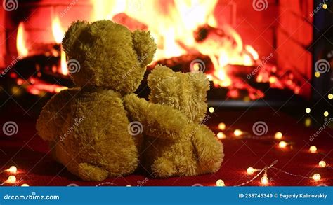 Two Cute Teddy Bears Hugging Each Other Sitting On A Knitted Red Plaid Against The Background Of