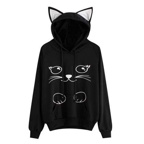 Harajuku Cat Print Hoodies Women Cat Ear Cartoon Hooded Sweatshirt