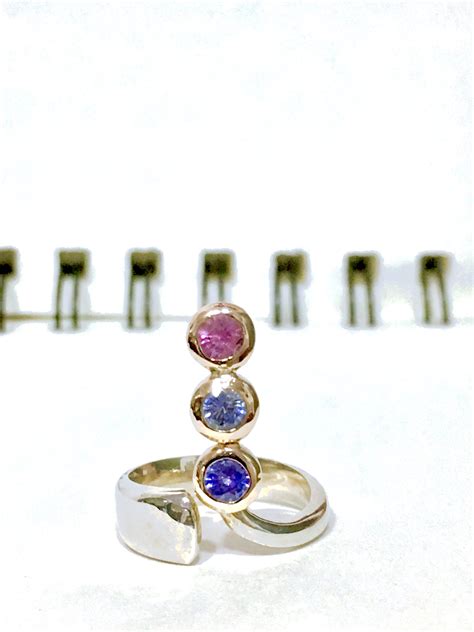 Tri Colour Natural Sapphire Sterling Silver And Gold Ring Lihiniya Gems