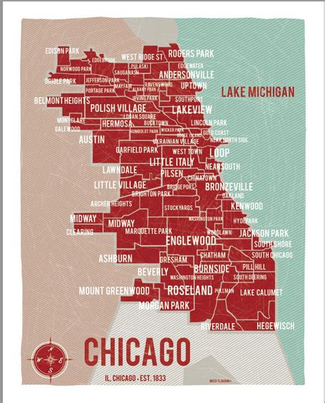 Chicago Map Red 16x20 Digital Print Etsy Chicago Map Chicago Map