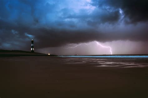 Lighthouse Lightning Sea Ocean Beach Weather 5k Hd Nature