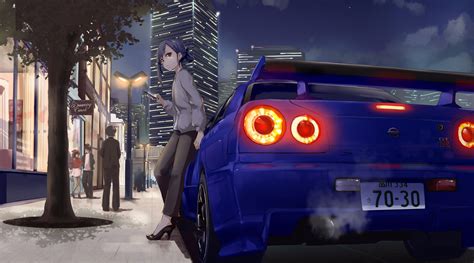 Download Girl Leaning On A Nissan Skyline Car Anime Wallpaper