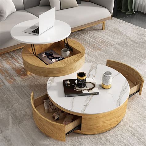 Modern Round Coffee Table With Storage Lift Top Wood And Stone Coffee