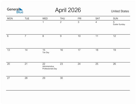 Printable April 2026 Monthly Calendar With Holidays For United States