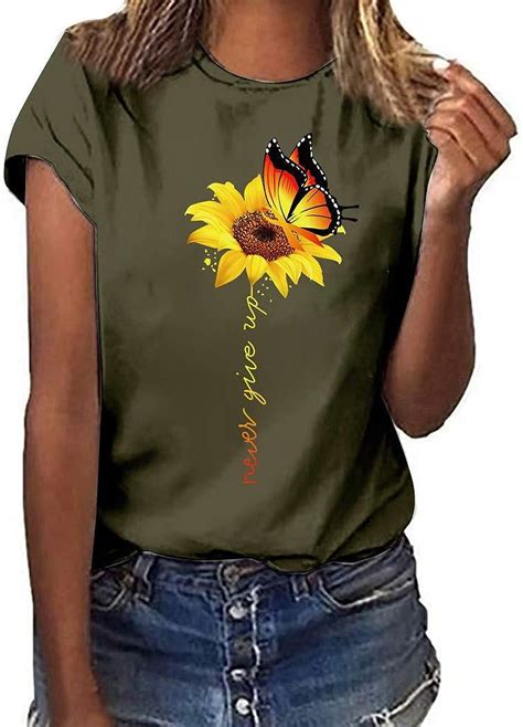 Dresslksnf Womens T Shirt Sunflower Print Tops Short Sleeved T Shirt Large Size Summer Tee