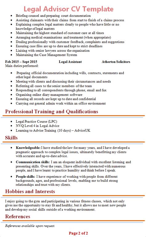 Your cv's personal profile is the paper version of this. legal-advisor-cv-template-2